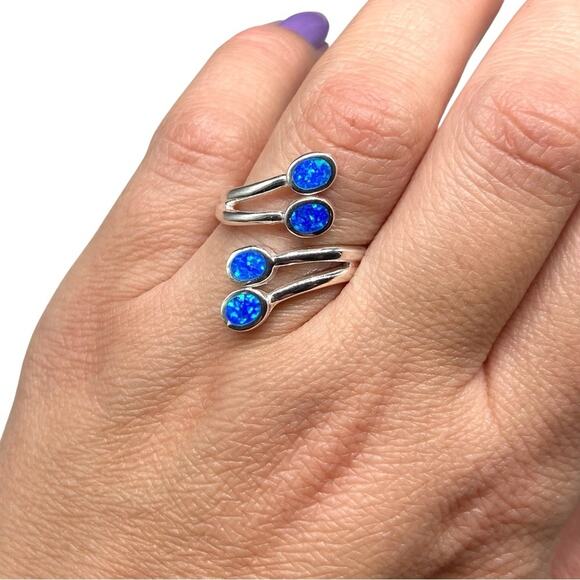 Blue Fire Opal Ring Solid 925 Sterling Silver Adjustable Size 5 6 7 8 8.5 - Picture 5 of 9